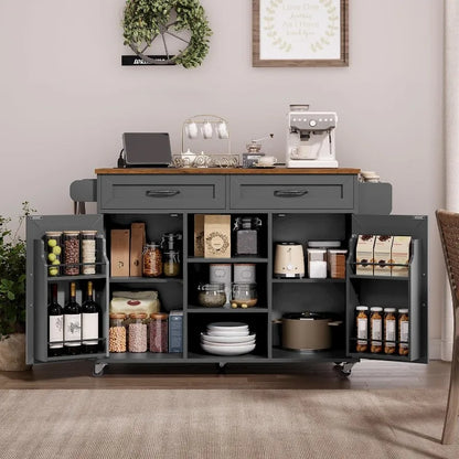 RALGEND Kitchen Island with Power Outlets & Drop Leaf, Kitchen Cart with Storage, Drawer and Spice Rack, Tower Rack
