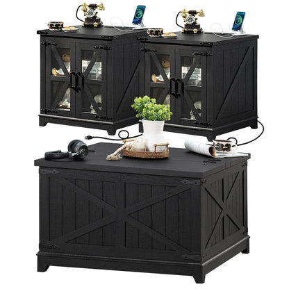 Farmhouse Coffee Table Sets 3 Pieces, Large End Side Tables with Charging Station and Coffee Table