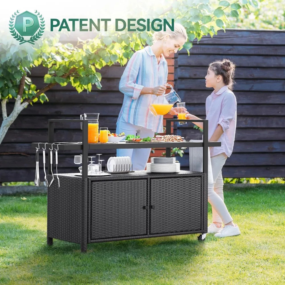 Large Outdoor Kitchen Wicker Island Rolling Cart, Patio Storage Cabinet w/Wheels