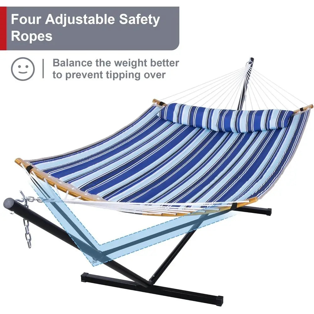 Blue Stripe 2-Person Outdoor Hammock with Stand, Curved Bars, Pillow, and Carry Bag, 450 lbs Capacity