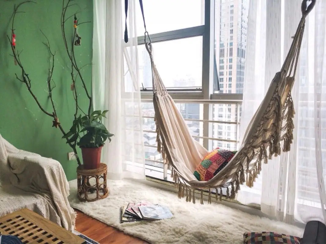 Handmade Boho Large Brazilian Macrame Fringe Double Hammock Swing Chair for Beach, Yard, Patio Indoor Outdoor Decor