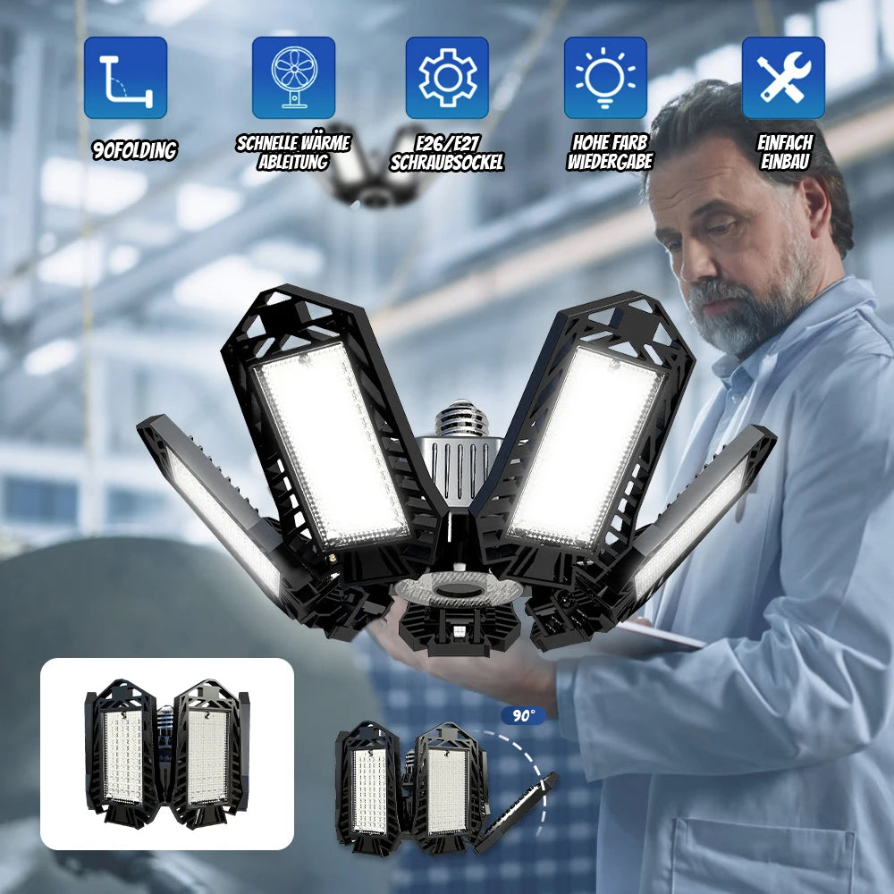 Folding Garage Lighting 120W LED Light E26 E27 Ceiling Lamp LED High Bay Lights UFO Deformable Bulb Garagenleuchte for Workshop