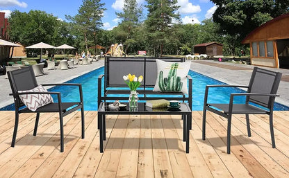 4 Pieces Patio Furniture Sets,Outdoor Patio Conversation Sets with Glass Coffee Table, Small Porch Balcony Furniture