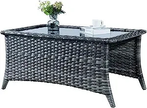Rilyson Patio Tables Wicker Coffee Table - Outdoor Rattan Coffee Tables with Glass Top for Patio Proch Deck Balcony Rectangle Mi