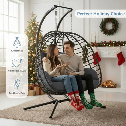 Double Egg Swing Chair with Stand, Outdoor Patio 2 Person Hanging Wicker Hammock Chairs with Cushion