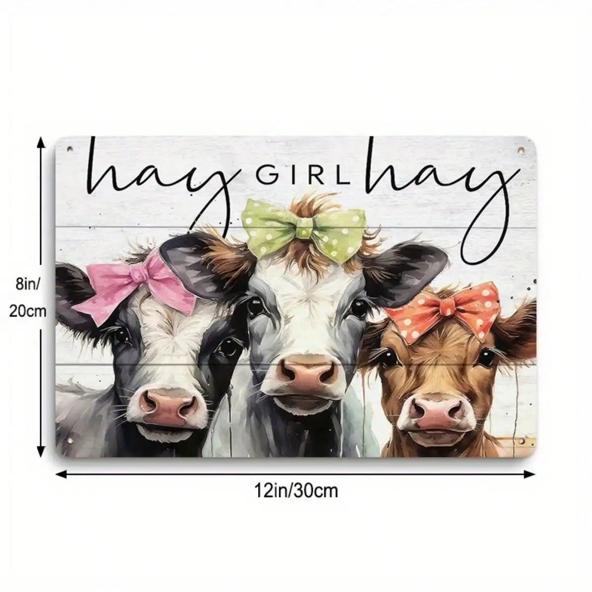 1PC Tin Sign Hay Girl Cow Art  Durable Metal, 8x12 Inches/20x30 Cm