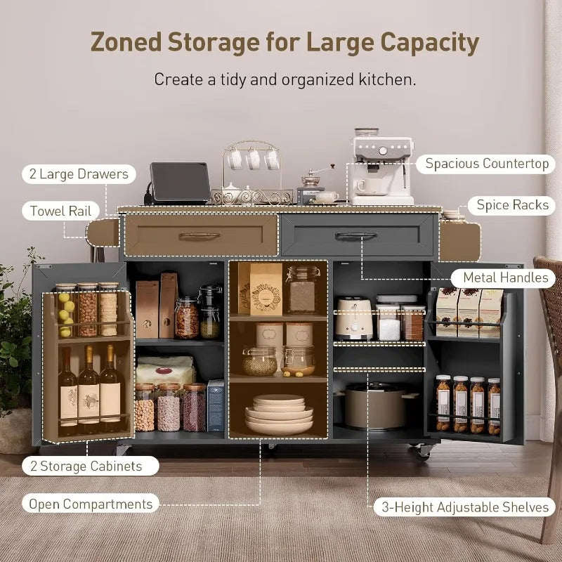 RALGEND Kitchen Island with Power Outlets & Drop Leaf, Kitchen Cart with Storage, Drawer and Spice Rack, Tower Rack
