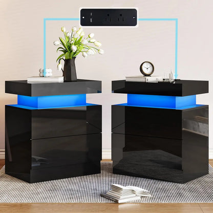 High Gloss End Table Set of 2 with Charging Station, Modern Bedside Table Night Stand with LED Lights,Customized