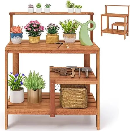 Garden Potting Table, Solid Wood Potting Table with Trellis, Open Shelves, Teak Oil Finish, Gardening Workstation & Planting Wor