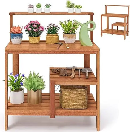 Garden Potting Table, Solid Wood Potting Table with Trellis, Open Shelves, Teak Oil Finish, Gardening Workstation & Planting Wor
