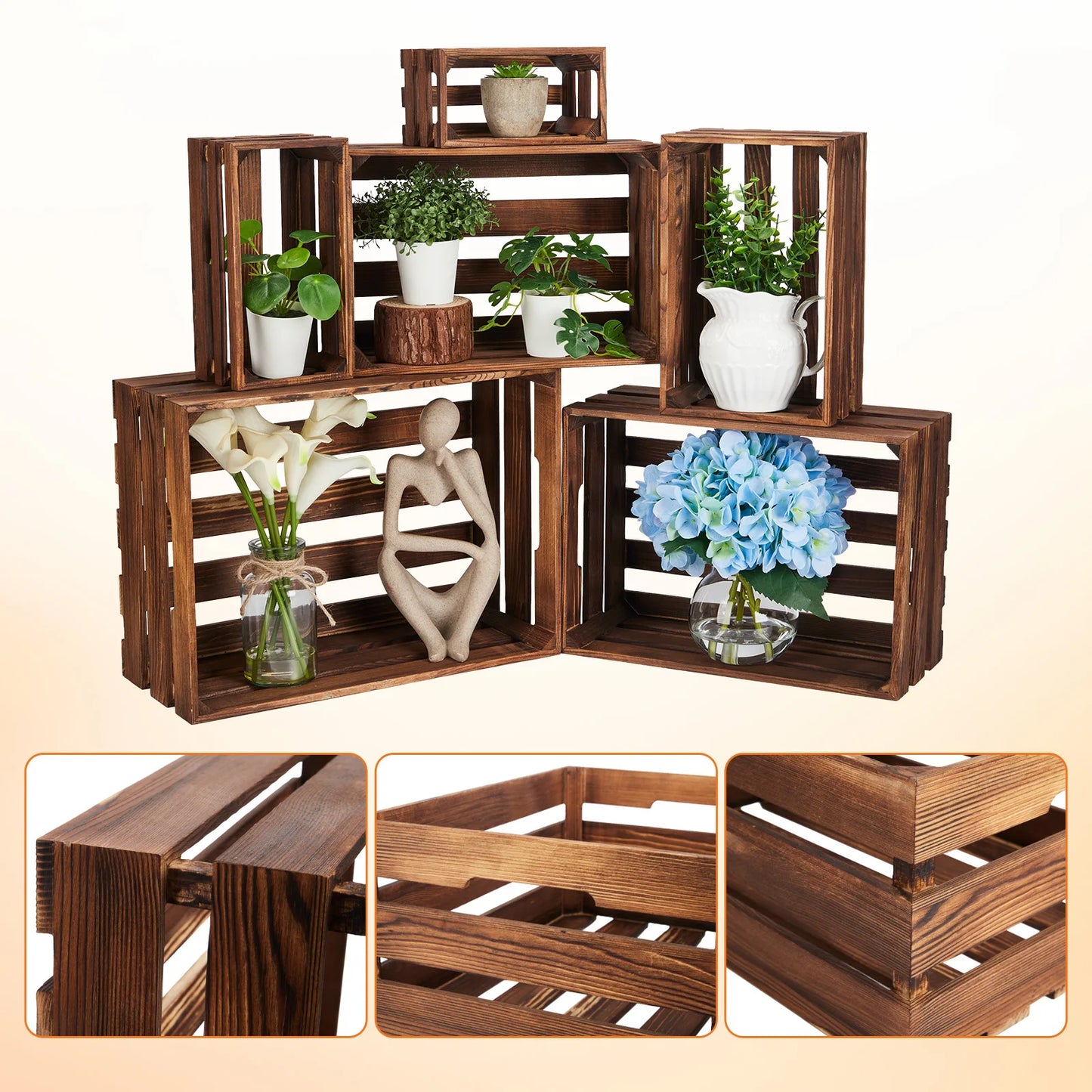 5 Pack Wooden Storage Crates, Rustic Farmhouse Nesting Crates, Decorative Wood Boxes for Home Decor, Display & Organization