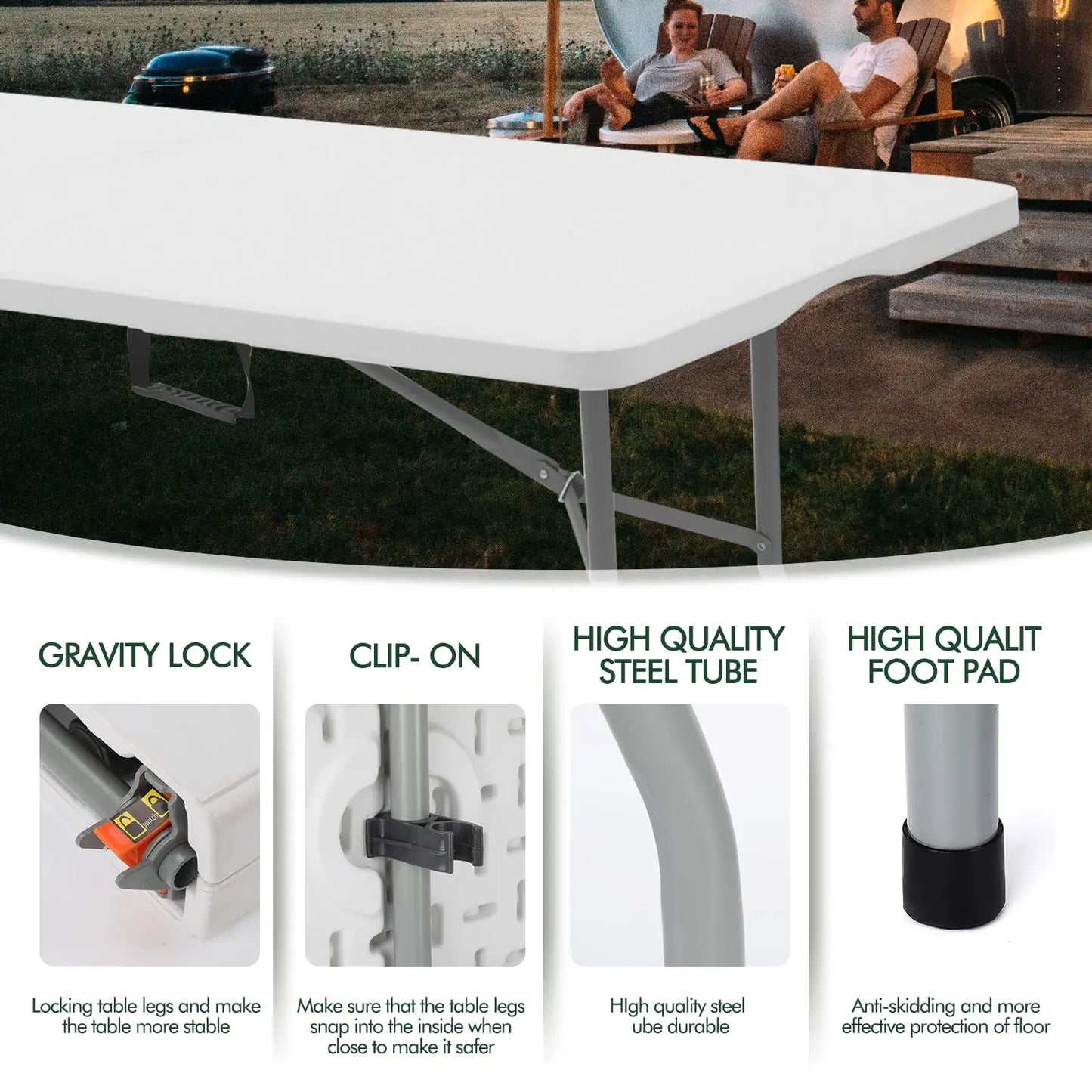 Folding Table 6 FT Lightweight Portable Plastic Fold-in-Half Utility Foldable Table Suitable to Hold Large, Plastic Dining Indoo