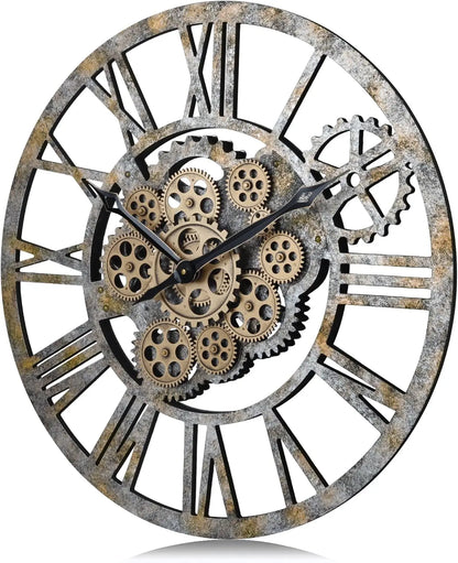 23 Inch Steampunk Moving Gear Wall Clock, Rustic Farmhouse Wooden Large Decor