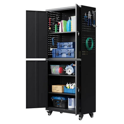 Metal Garage Storage Cabinet with Locking Doors and Adjustable Shelves, Rolling Tool Storage Cabinet with 4 Wheels