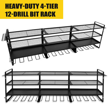 4-Tier 12-Drill Bit Rack Tool Storage Rack Heavy-Duty Large Organize 600 lb Wall-Mounted Screwdriver Wrench Garage