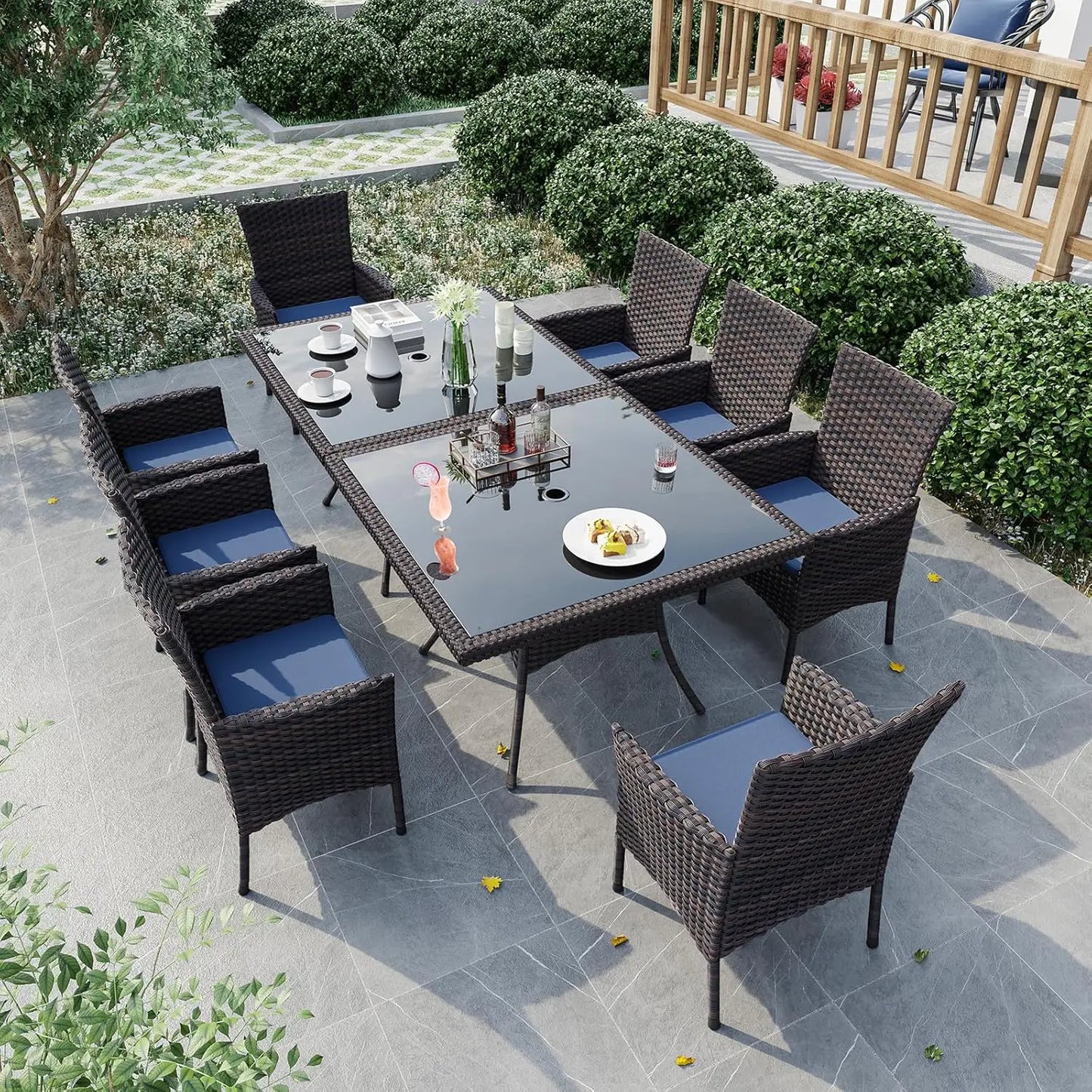10 Piece Outdoor Dining Set, All-Weather Rattan Patio Furniture Set with Umbrella Hole Tempered Glass Square Table,, Customized