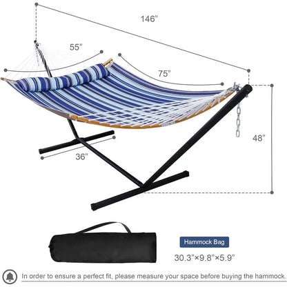 Blue Stripe 2-Person Outdoor Hammock with Stand, Curved Bars, Pillow, and Carry Bag, 450 lbs Capacity