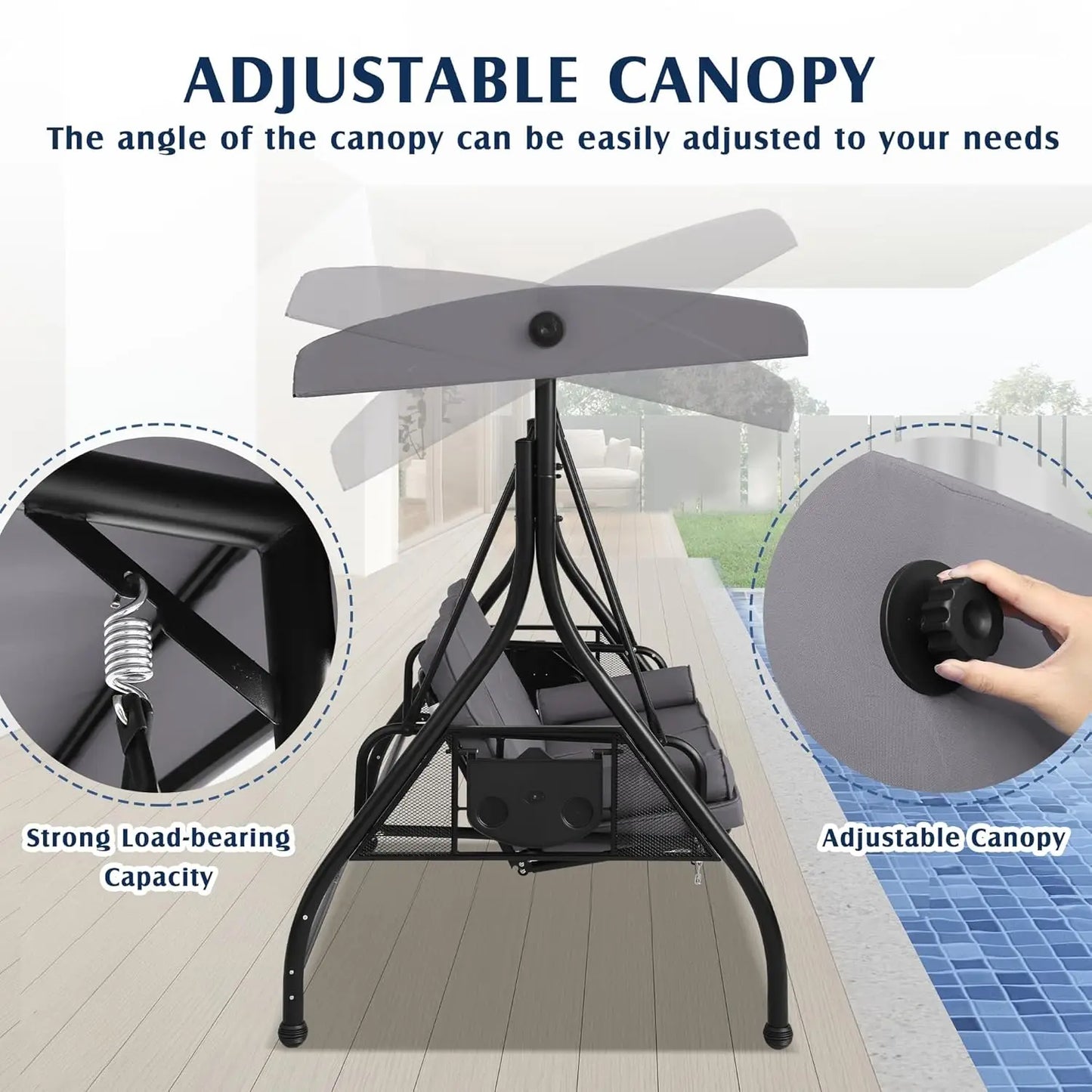 3 Person Outdoor Porch Swing with Canopy and Stand, Convertible 2 in 1 Porch Bed Swing , Customized