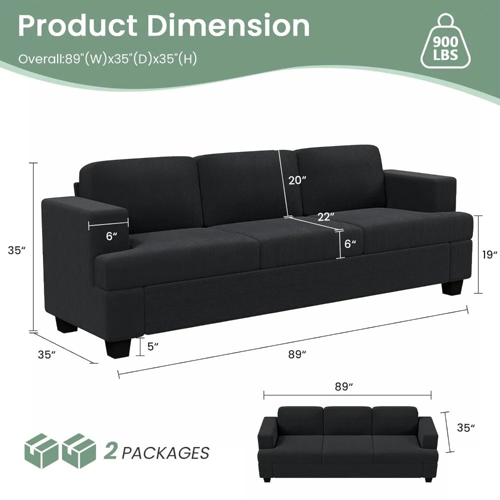 2 Pieces Corduroy Sofa Set for Living Room, Black Cloud Couch, Deep Seat Floor Couch for Bedroom, Futon Modern Sofa, Customized