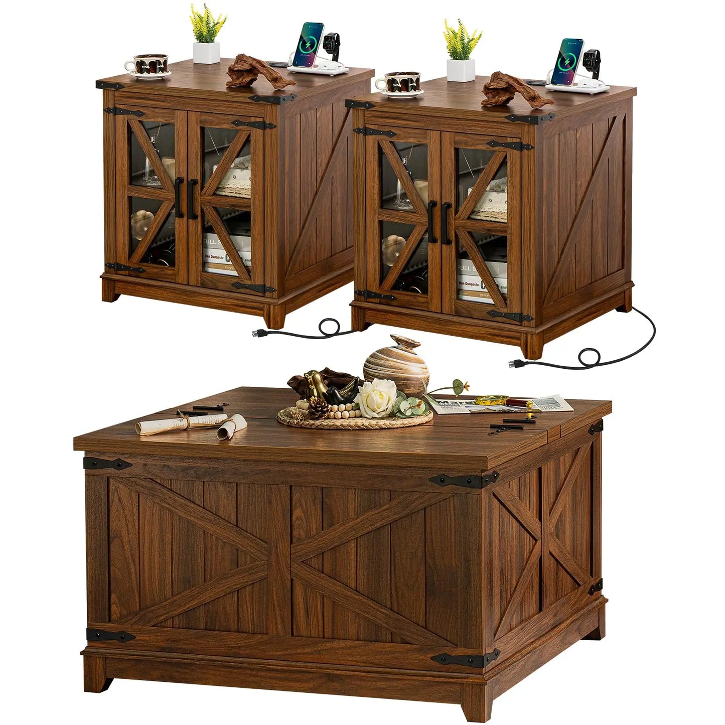 Farmhouse Coffee Table Sets 3 Pieces, Large End Side Tables with Charging Station and Coffee Table