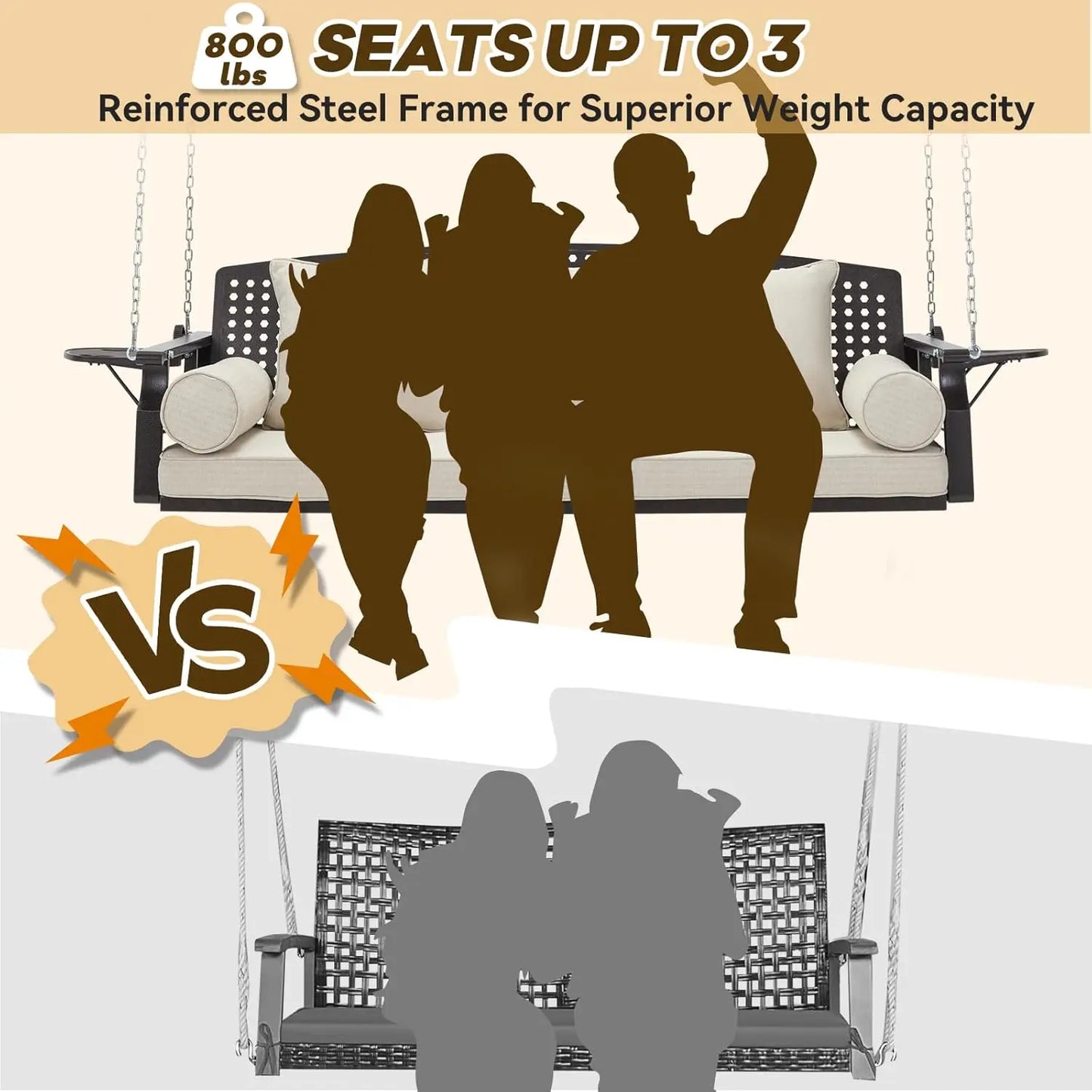 3 Seat Porch Swing with Cup Holders & 3 Back Cushions, includes Chains