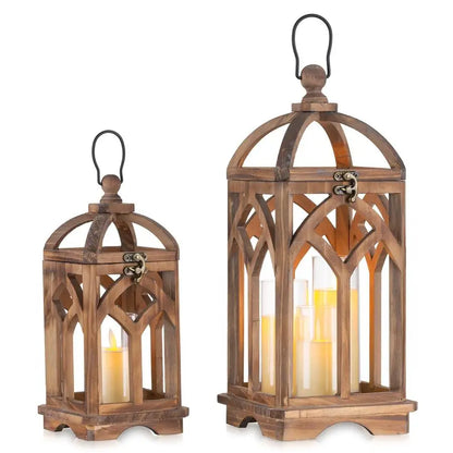 Farmhouse Candle Lantern Wooden  Set of 2 Decorative Rustic Wood Candle Holder