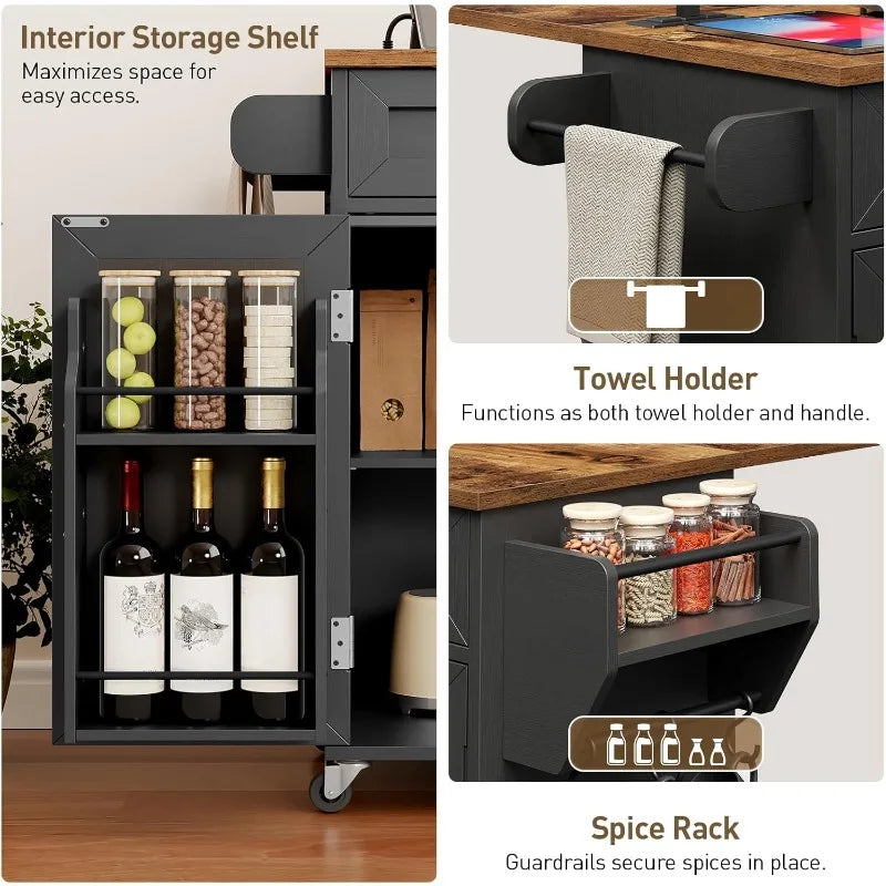 RALGEND Kitchen Island with Power Outlets & Drop Leaf, Kitchen Cart with Storage, Drawer and Spice Rack, Tower Rack