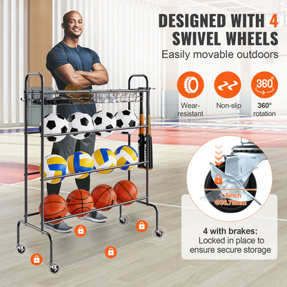 4-Layers Basketball Rack Rolling Storage Organizer