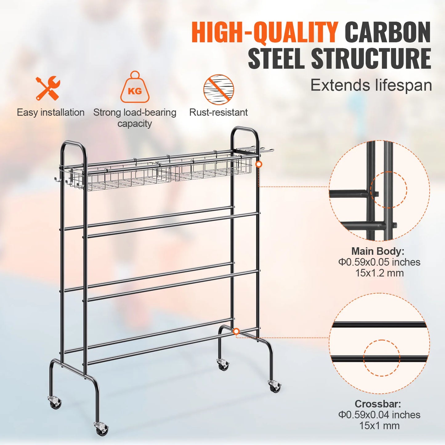 4-Layers Basketball Rack Rolling Storage Organizer