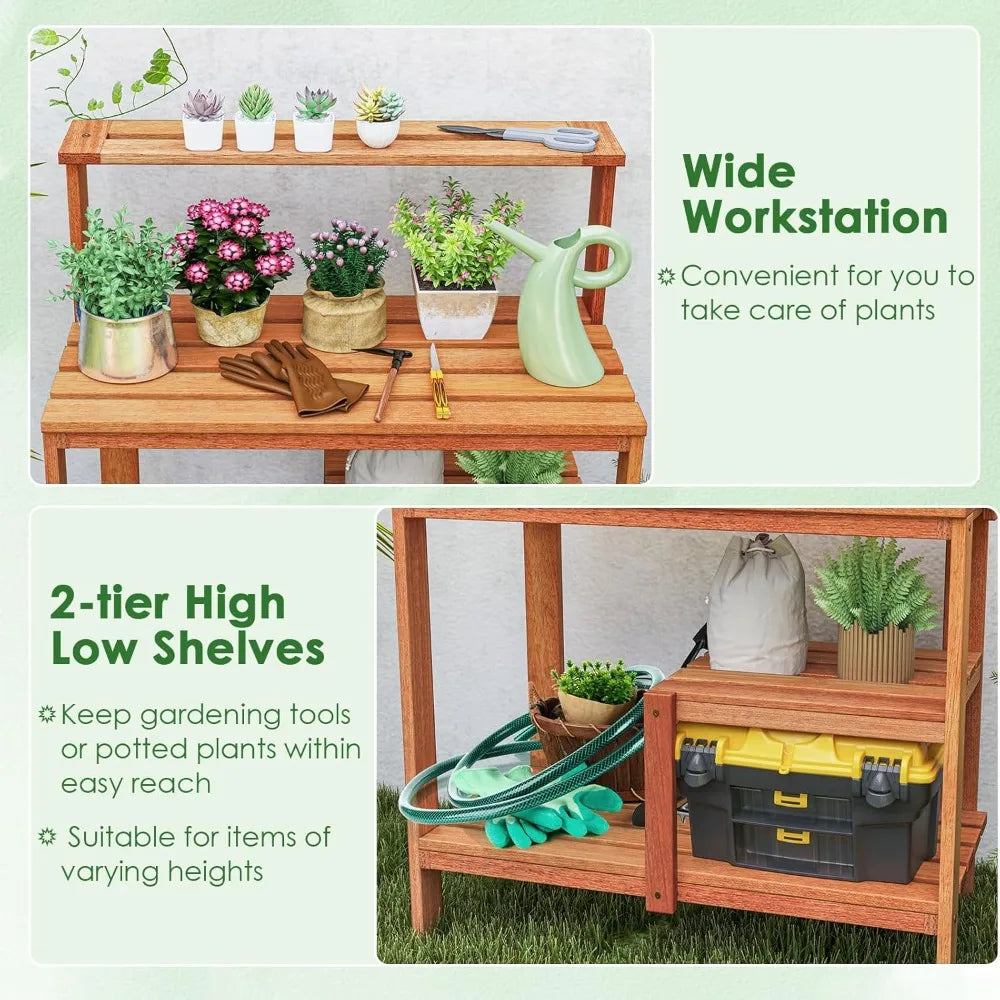 Garden Potting Table, Solid Wood Potting Table with Trellis, Open Shelves, Teak Oil Finish, Gardening Workstation & Planting Wor