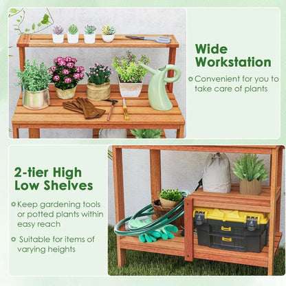 Garden Potting Table, Solid Wood Potting Table with Trellis, Open Shelves, Teak Oil Finish, Gardening Workstation & Planting Wor