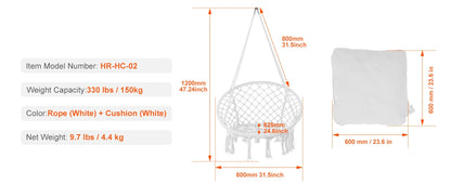 330lbs Macramé Hanging Rope Swing Chair for Bedroom, Balcony, Patio or Garden