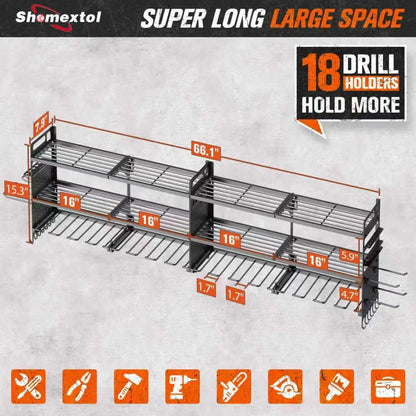 Heavy-Duty 3-Layer Wall-Mounted Tool Organizer with 18 Drill Holders, 600 Lbs Capacity for Garage and Workshop