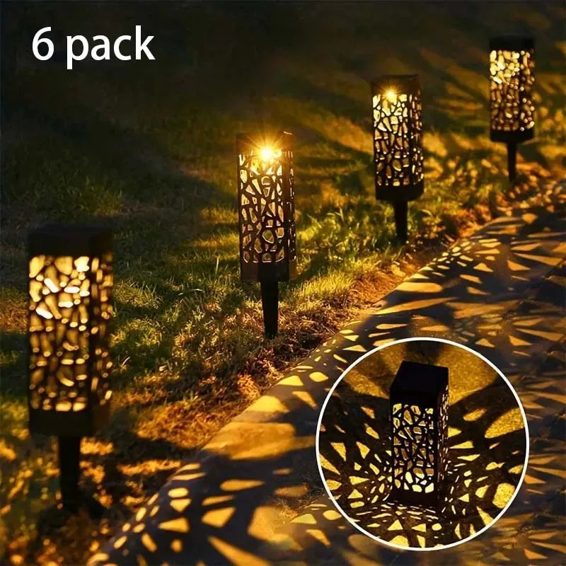 6PCS Solar Powered LED Garden Stake Lights Decorative Hollow-Out Lawn Lamps