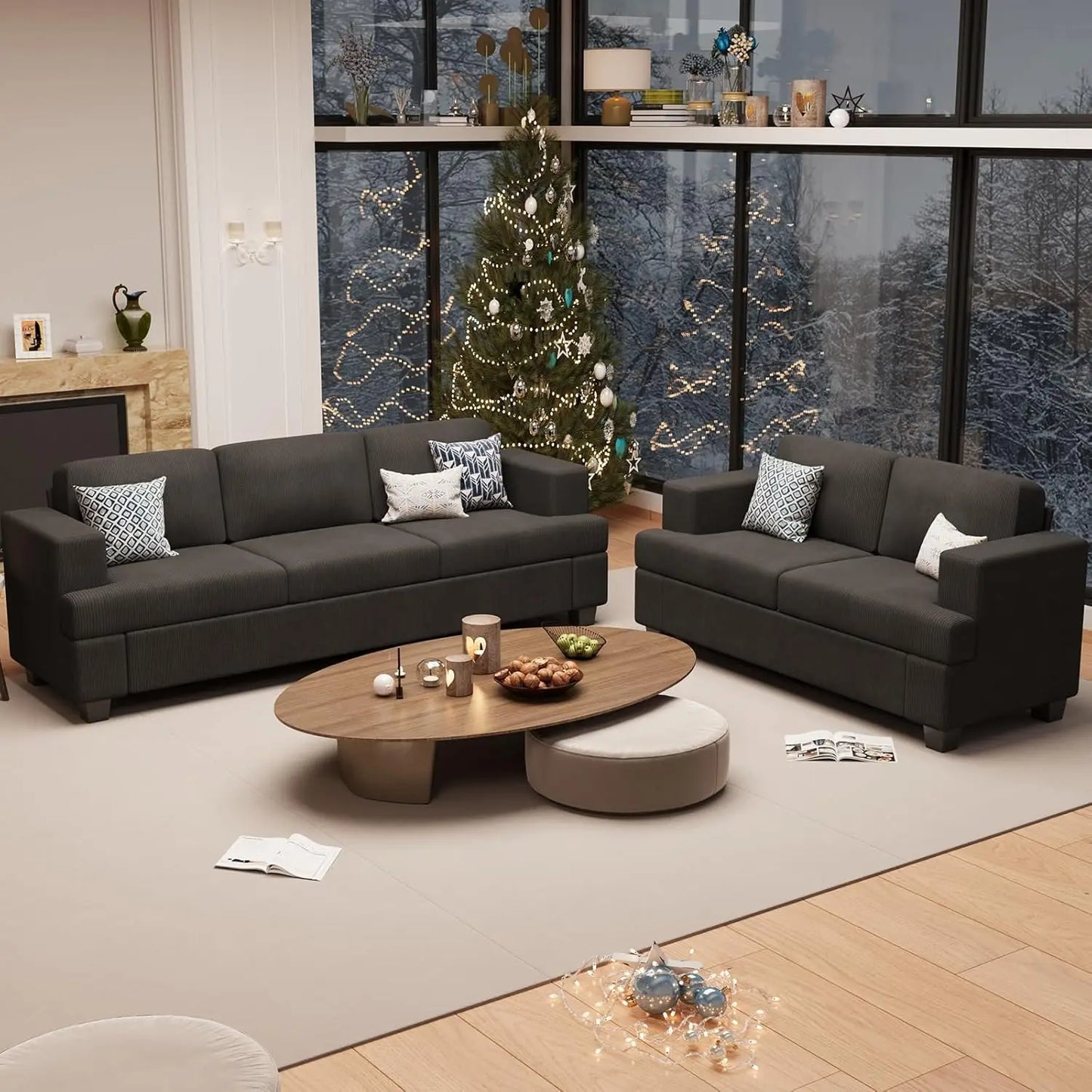 2 Pieces Corduroy Sofa Set for Living Room, Black Cloud Couch, Deep Seat Floor Couch for Bedroom, Futon Modern Sofa, Customized