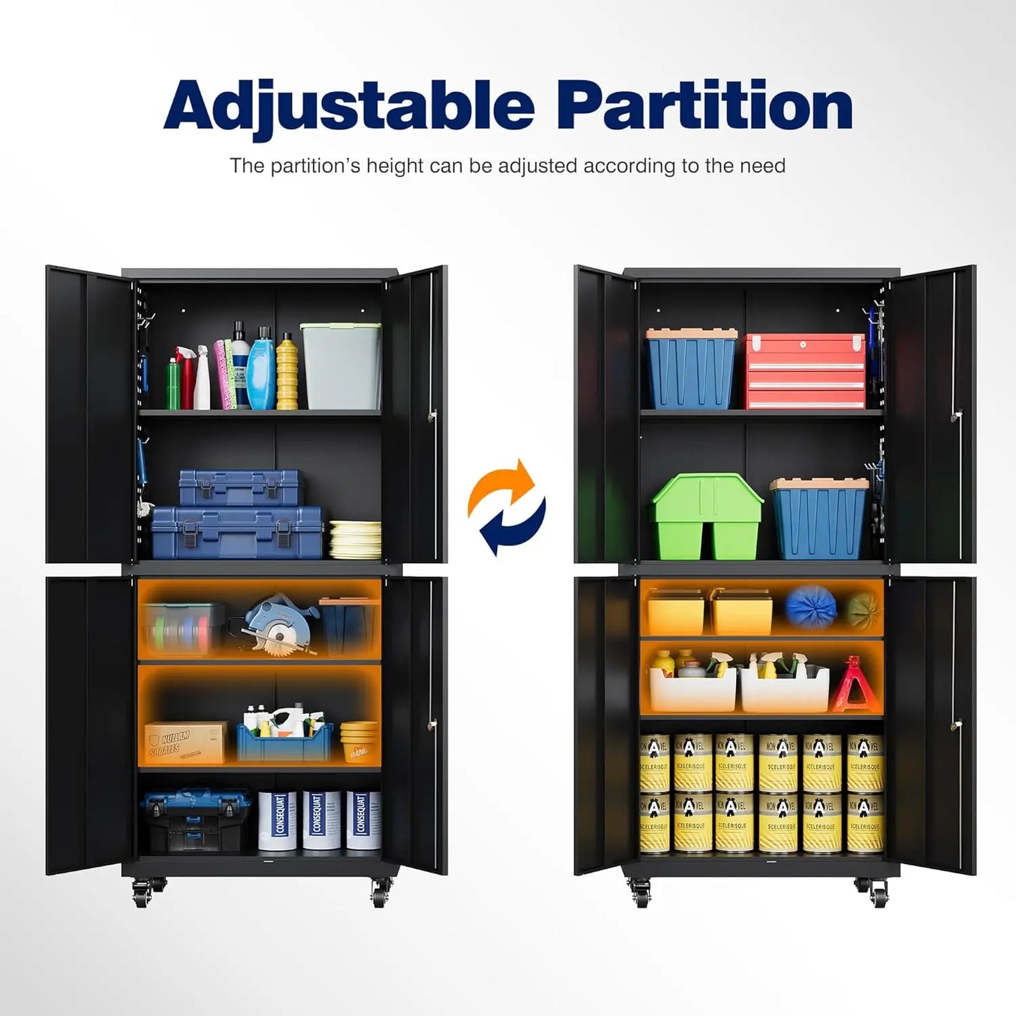Metal Garage Storage Cabinet with Locking Doors and Adjustable Shelves, Rolling Tool Storage Cabinet with 4 Wheels