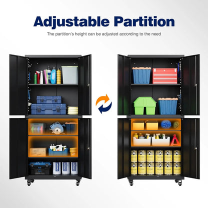 Metal Garage Storage Cabinet with Locking Doors and Adjustable Shelves, Rolling Tool Storage Cabinet with 4 Wheels