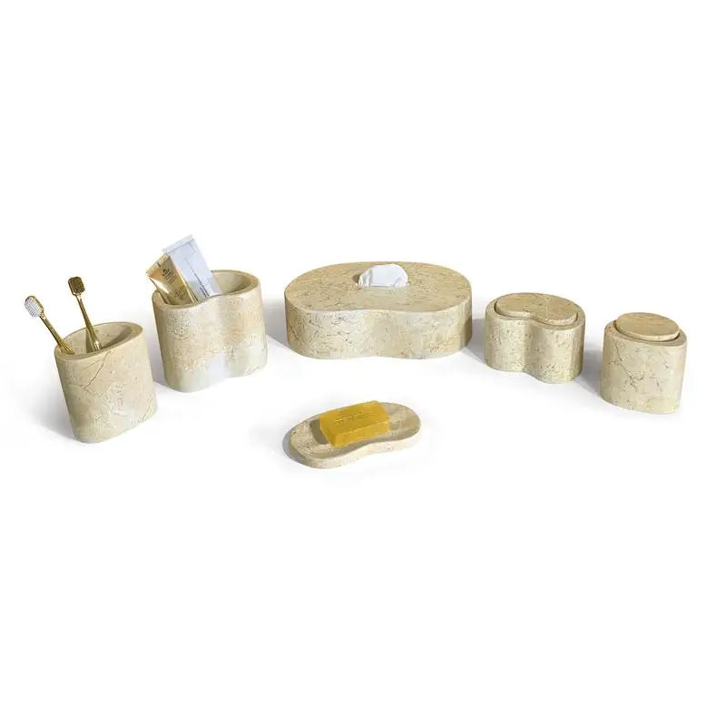 Natural Marble Bathroom Accessories Set - Gold Yellow Beige Genuine Stone Decor