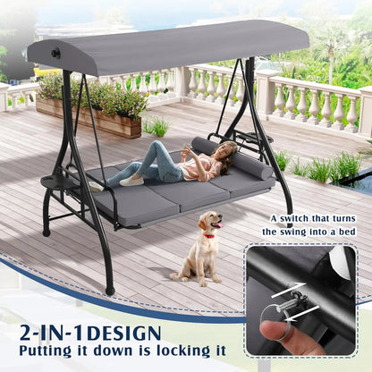 3 Person Outdoor Porch Swing with Canopy and Stand, Convertible 2 in 1 Porch Bed Swing , Customized