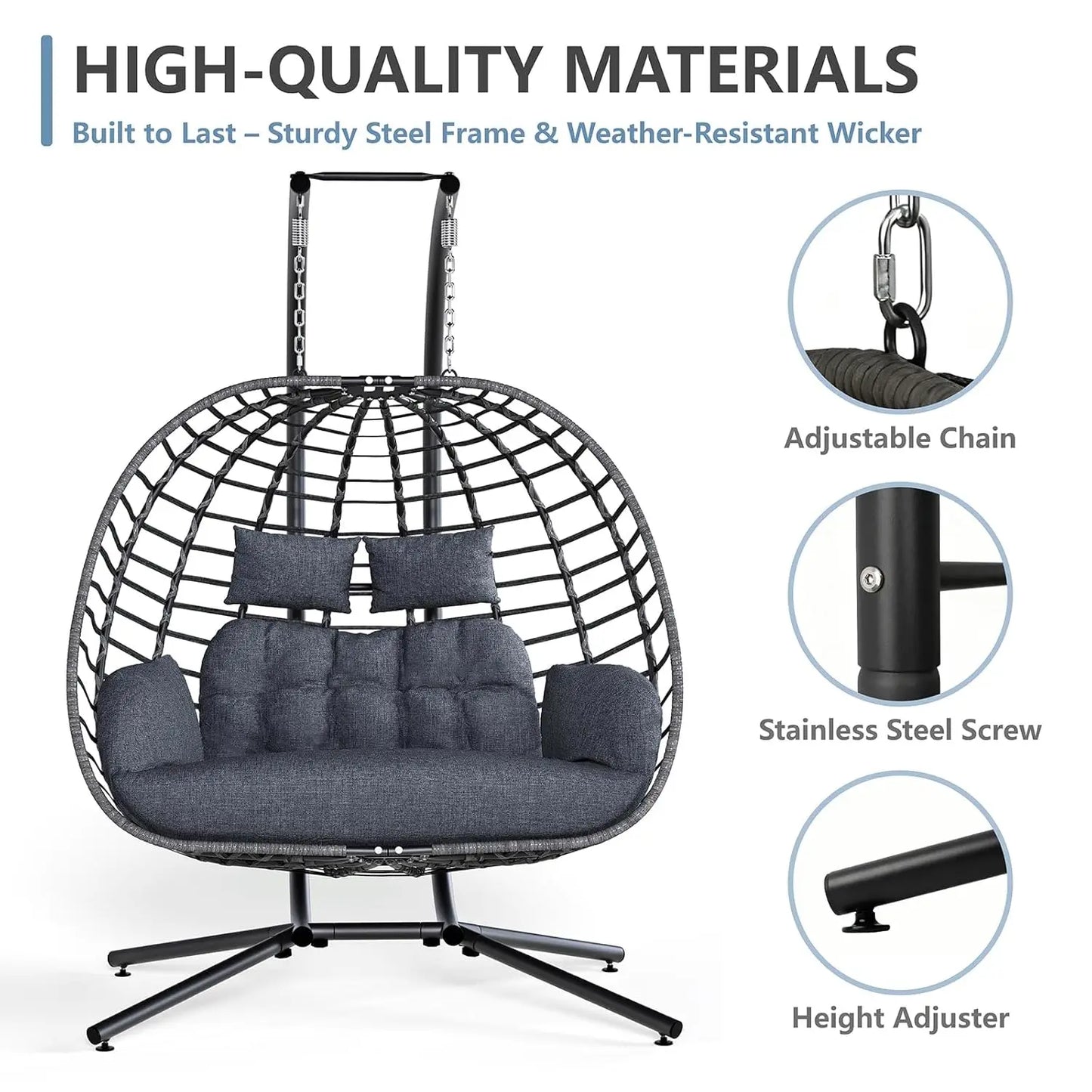 Double Egg Swing Chair with Stand, Outdoor Patio 2 Person Hanging Wicker Hammock Chairs with Cushion