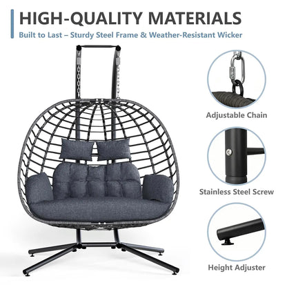Double Egg Swing Chair with Stand, Outdoor Patio 2 Person Hanging Wicker Hammock Chairs with Cushion