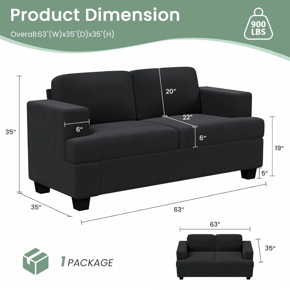 2 Pieces Corduroy Sofa Set for Living Room, Black Cloud Couch, Deep Seat Floor Couch for Bedroom, Futon Modern Sofa, Customized