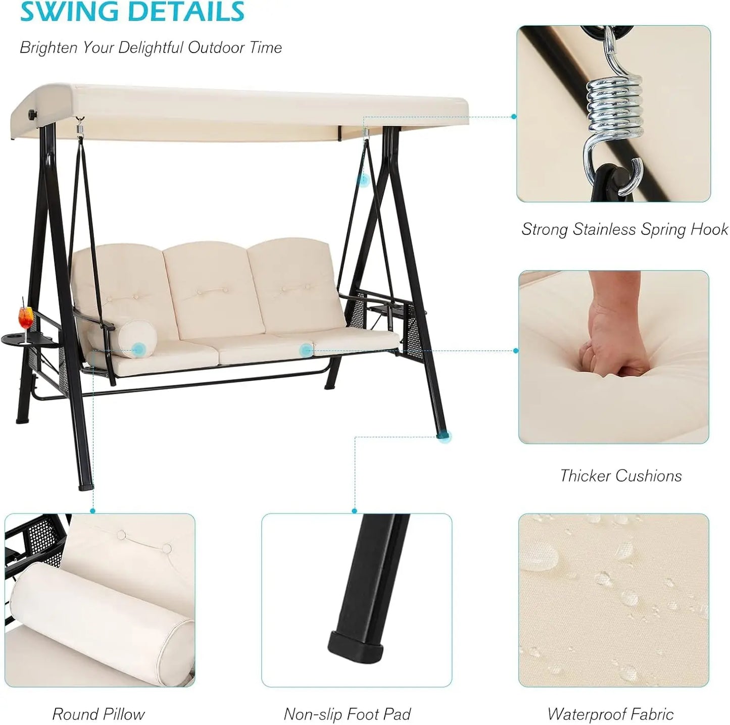 Outdoor 3-Seat Porch Swing with Adjustable Canopy