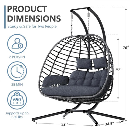 Double Egg Swing Chair with Stand, Outdoor Patio 2 Person Hanging Wicker Hammock Chairs with Cushion