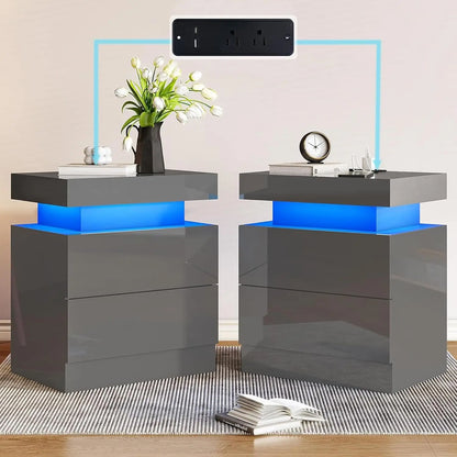 High Gloss End Table Set of 2 with Charging Station, Modern Bedside Table Night Stand with LED Lights,Customized