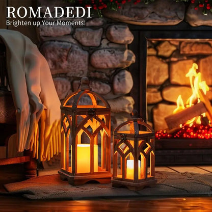 Farmhouse Candle Lantern Wooden  Set of 2 Decorative Rustic Wood Candle Holder