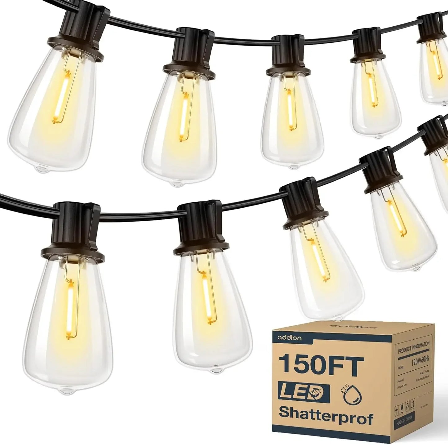 150FT LED Outdoor String Lights Waterproof Patio Lights Shatterproof  Replaceable Bulbs Dimmable