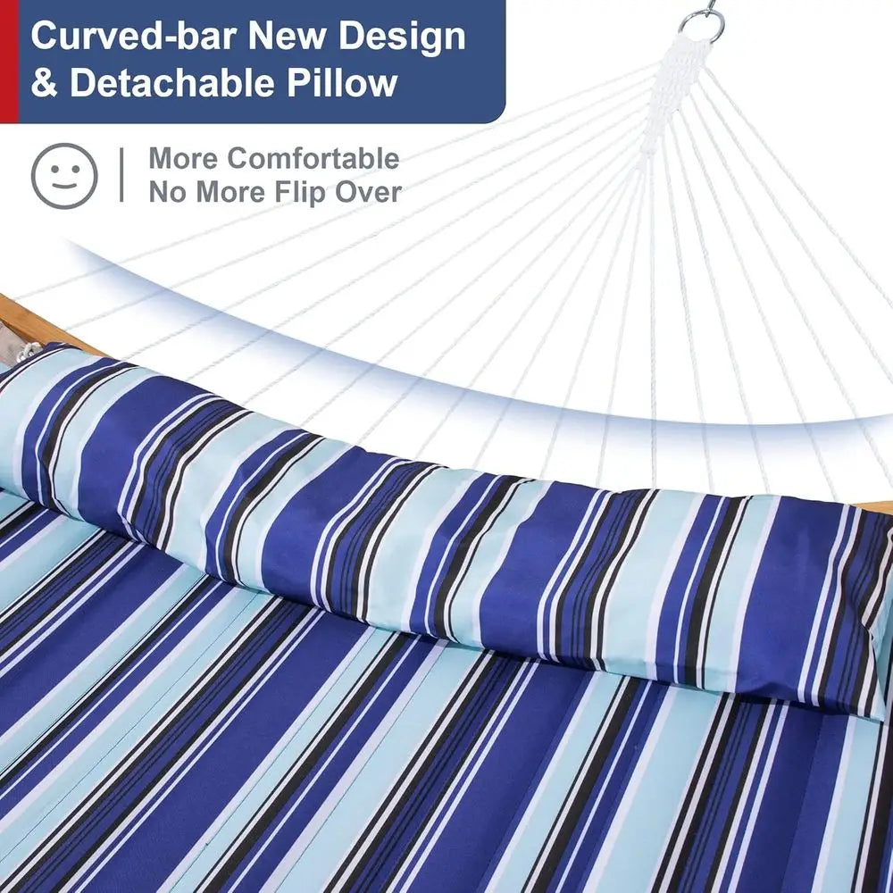 Blue Stripe 2-Person Outdoor Hammock with Stand, Curved Bars, Pillow, and Carry Bag, 450 lbs Capacity
