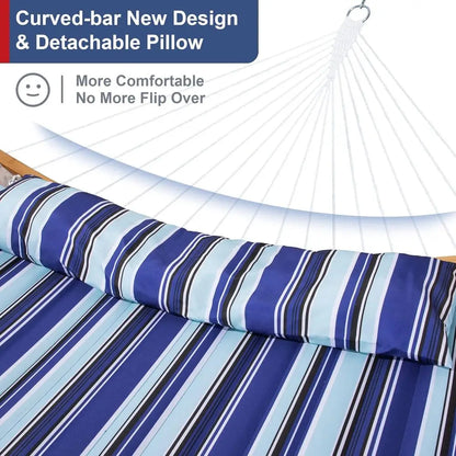 Blue Stripe 2-Person Outdoor Hammock with Stand, Curved Bars, Pillow, and Carry Bag, 450 lbs Capacity
