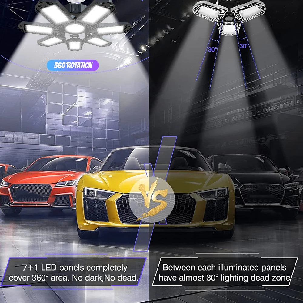 Folding Garage Lighting 120W LED Light E26 E27 Ceiling Lamp LED High Bay Lights UFO Deformable Bulb Garagenleuchte for Workshop